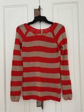 Hanna Andersson Red and Tan Striped Open-Knit Crew Sweater • Size S